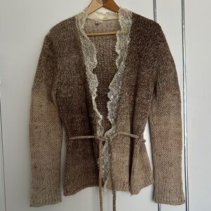 Beige Lace-Trim Knit Cardigan Sweater, Size L, Made in Italy